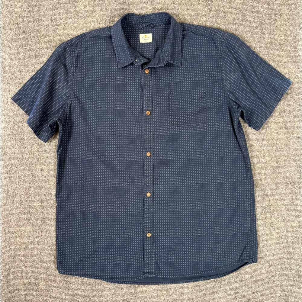 Marine Layer Mens Blue Short Sleeve Button Down Shirt Size Large